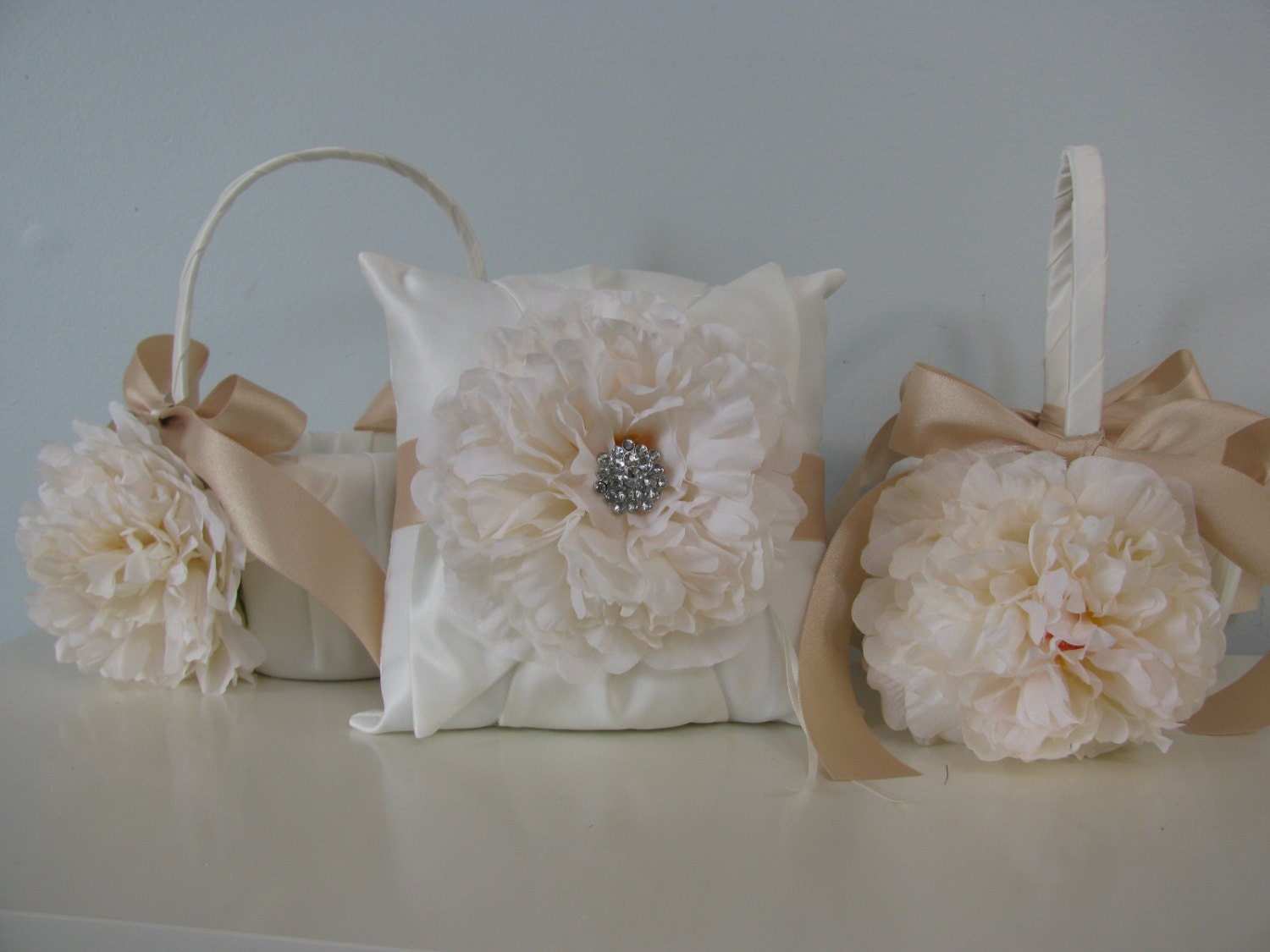 Flower Girl Baskets and Ring Bearer Set of 3- Satin Ivory or White Ivory Peony Champagne/Taupe  and Rhinestone Center- You Customize