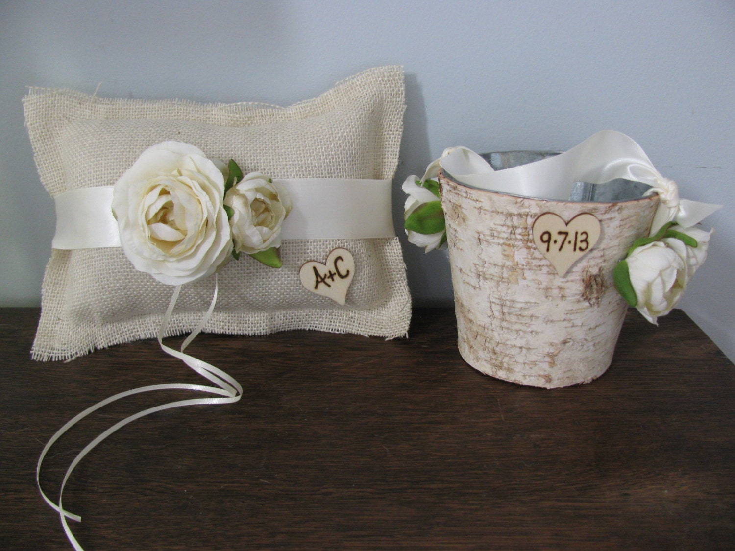 Rustic Flower Girl Basket and Burlap Ring Bearer Pillow SET Natural Birch Bark shown Ivory Ranunculus with Wood or Chalkboard Tags