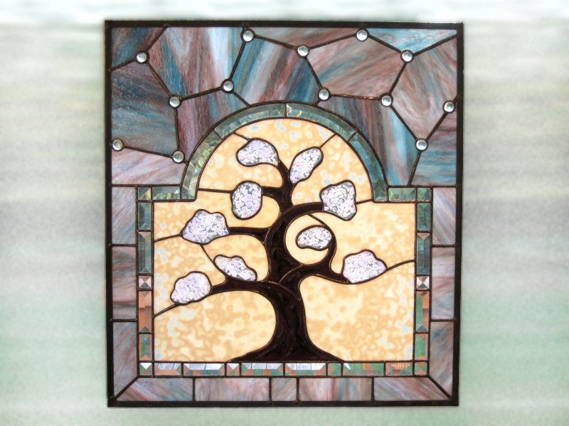 Stained Glass Panel Tree of Life Cherry Blossoms Stained Glass Window Panel Blue Handmade OOAK
