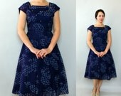 Vintage 1950s Dress - 50s Navy Blue Ribbon Dress - First in Class