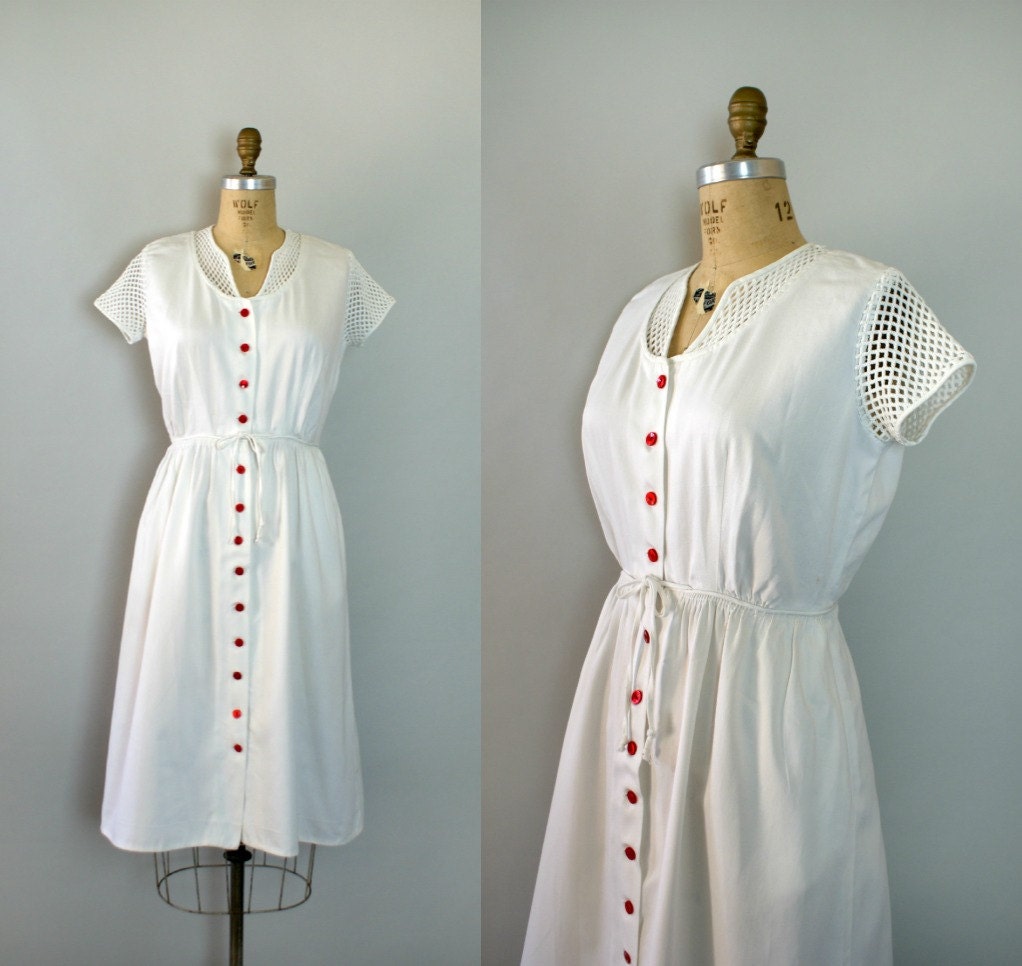 Vintage 1950s Dress - White Cotton Shirtwaist Day Dress - Fair Weather Friend