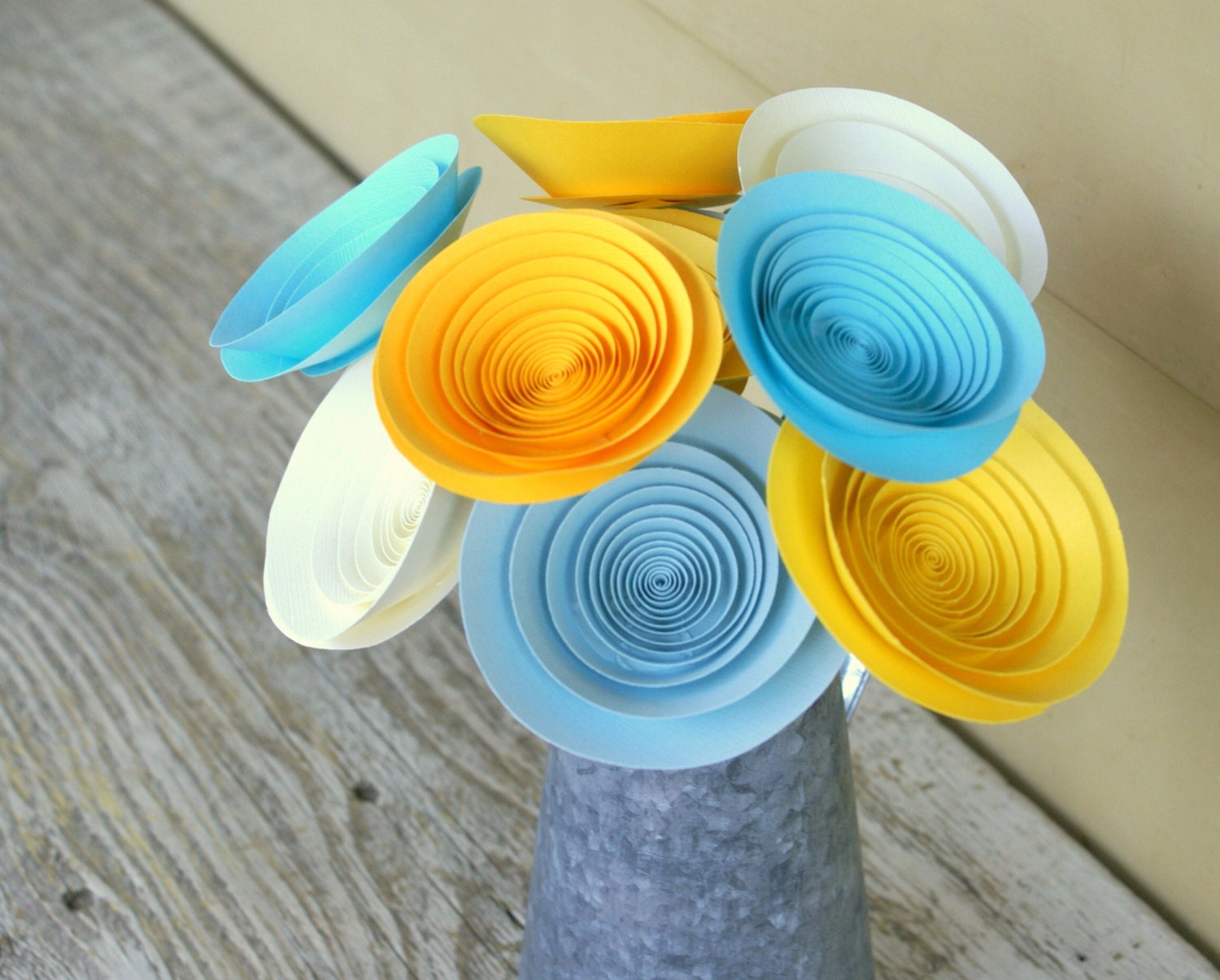 12 Large Yellow, Aqua, and Ivory Paper Flowers, Spring Flowers, Spring Centerpiece