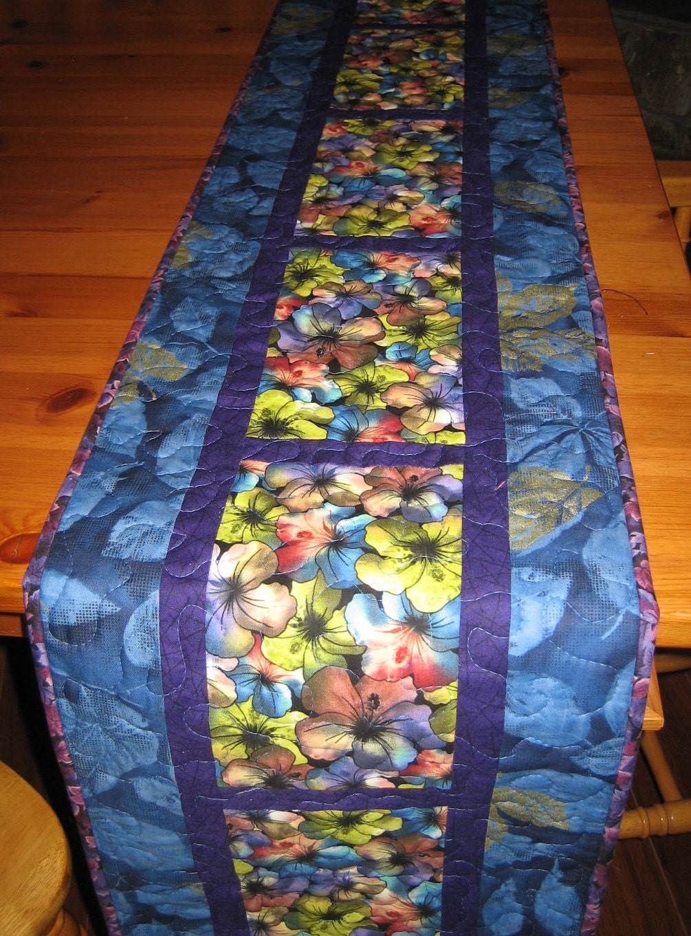 Quilted Table Runner Hibiscus Flowers with Purple and Blue