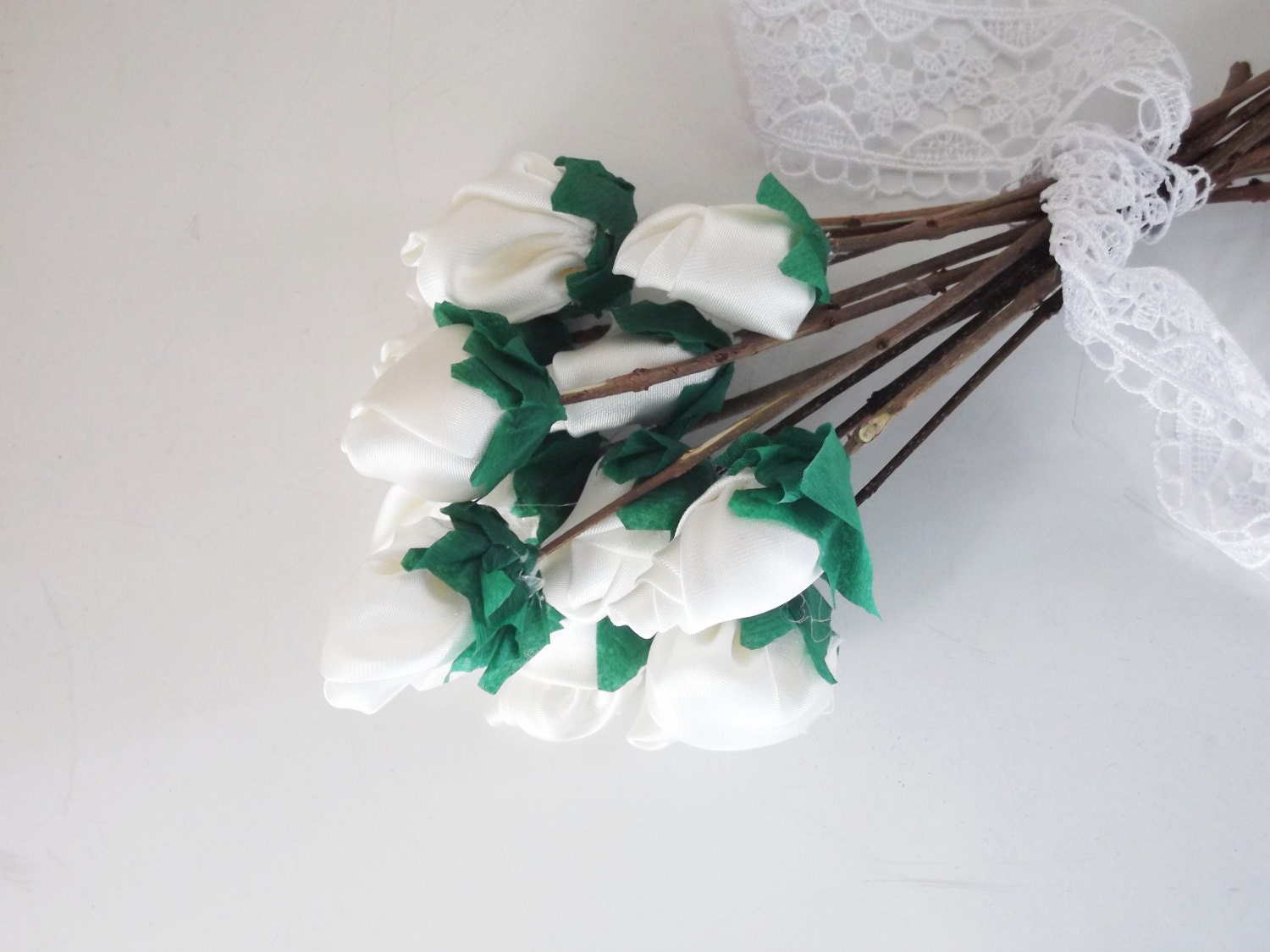 Romantic Rose Buds - White Satin Fabric Flowers- Set of 12 - Wedding Bouquet -vase arrangment