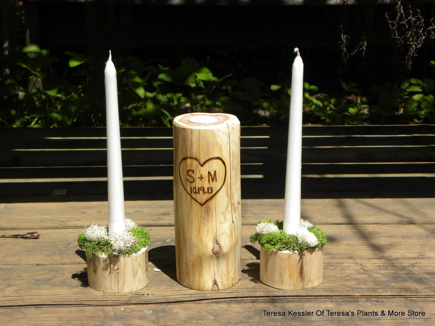 Rustic Mossy Woodland Wedding Unity Candle Sets-PERSONALIZED Made to order-Wooden Tea light Candle Holders