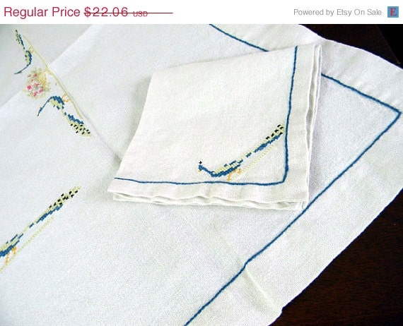ON SALE Table Cloth - Card Table Linen Embroidered Tablecloth with One Matching Napkin 8495