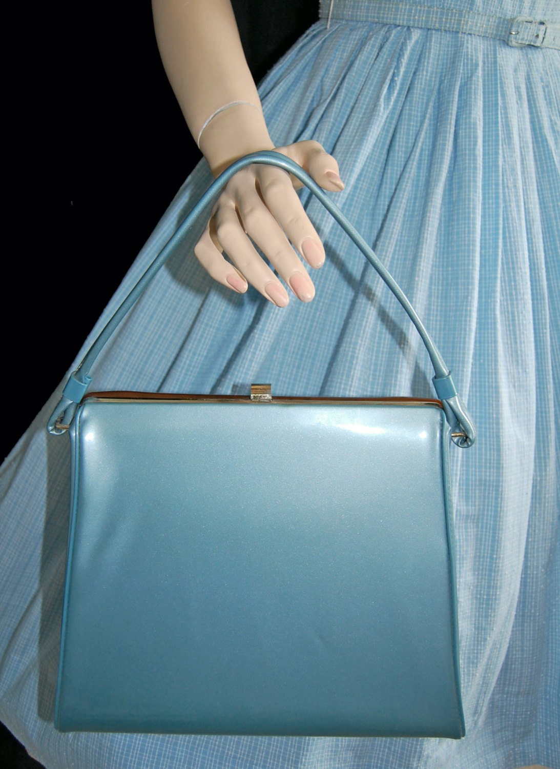 Vintage 50s Kelly Bag  // 50s Light Blue Handbag // Patent Leather Purse - VintageDevotion