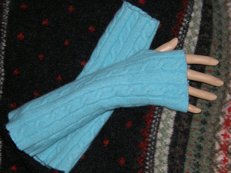 long Turqoise felt Armwarmers soft wool Cable knit Pattern upcycled Thick  Fingerless Mittens Wrist Warmers Cashmere armwarmers