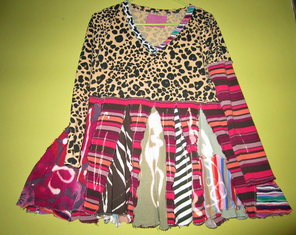 Leopard and stripes Upcycled Tunic fits medium and large