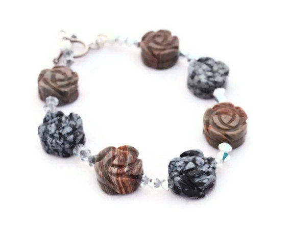 Gemstone and Petrified Wood Rose Bracelet