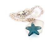 Swarovski indicolite blue starfish and Sea Glass pendant sterling silver necklace