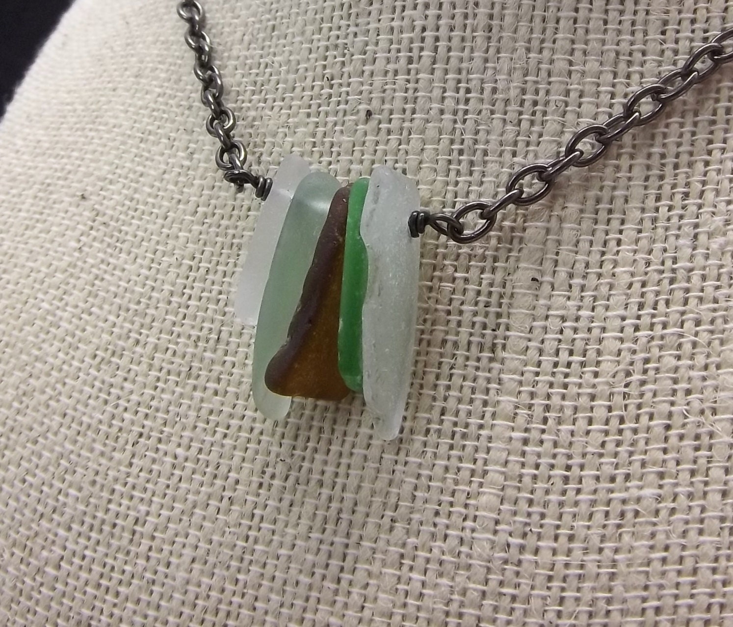 Beach Glass Necklace Green Brown White Gunmetal Chain Handmade