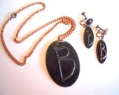 vintage 1940s Moderne Enameled Copper Pendant Necklace and Clip Earrings Set with Initial B