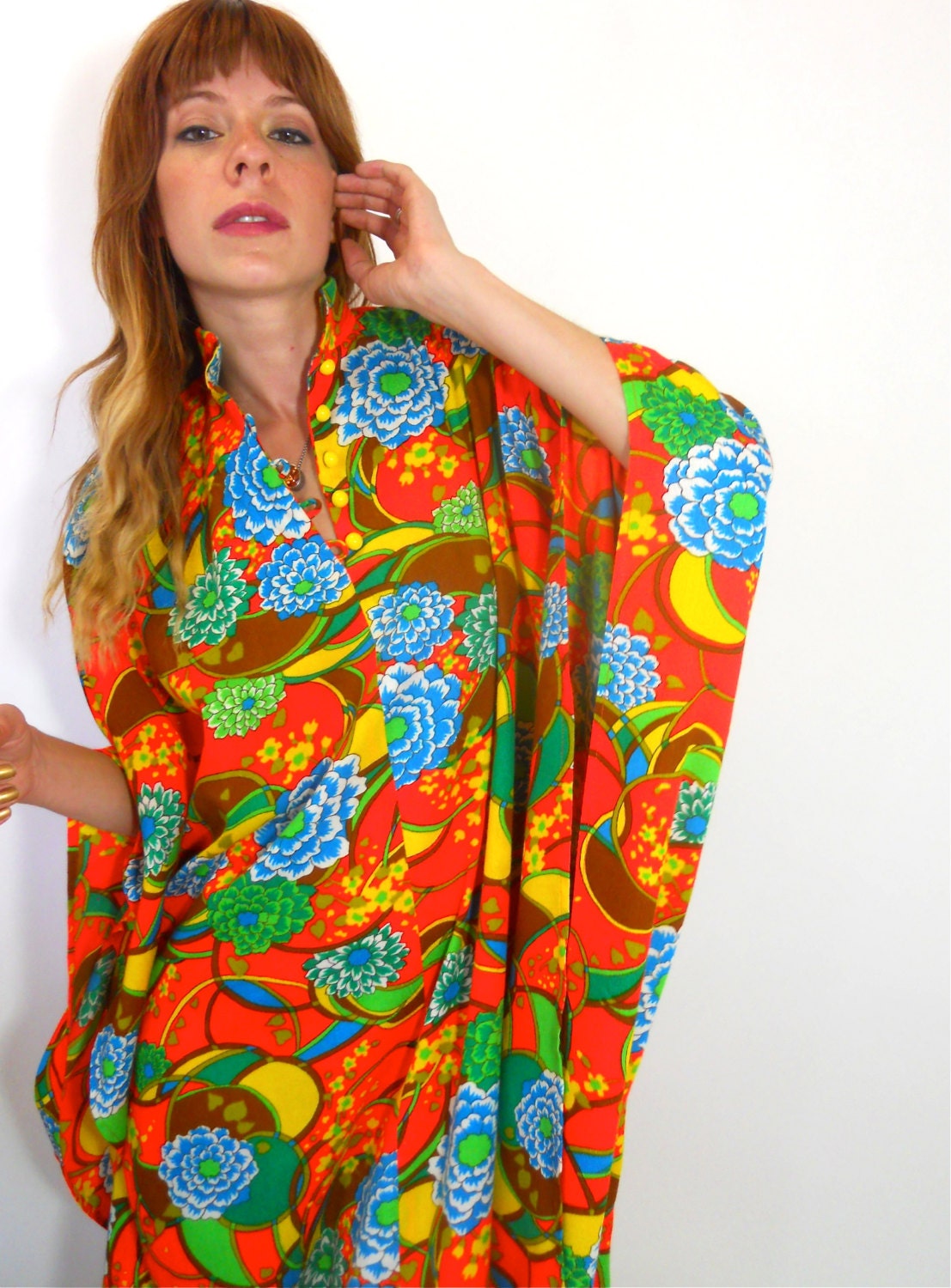 vintage 1970s Wild Asian Floral Print Caftan Gown