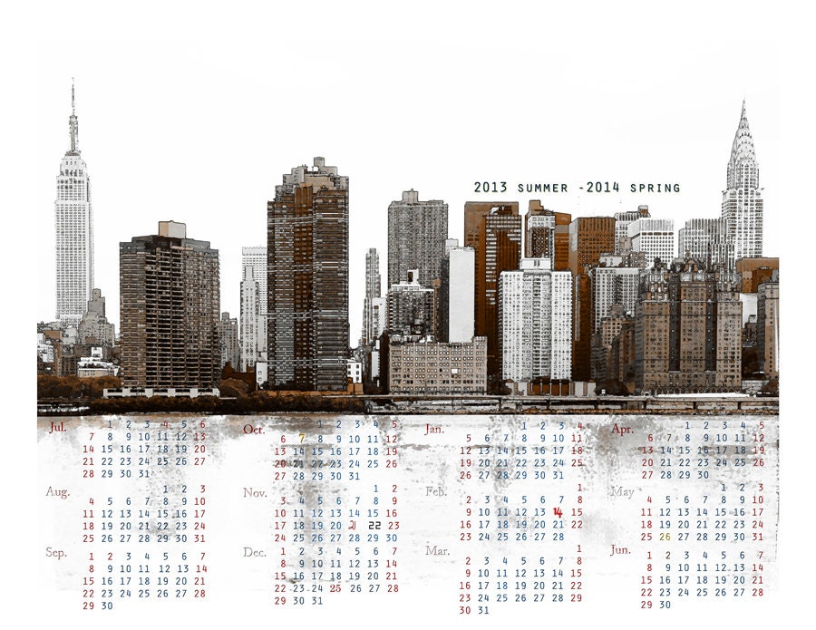 2013 summer  -2014 spring Water Color Calendar Print - New York City Midtown Skyline Architectural Illustration