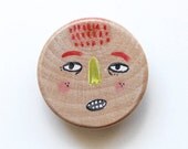 wooden brooch hand painted face wearable art pin