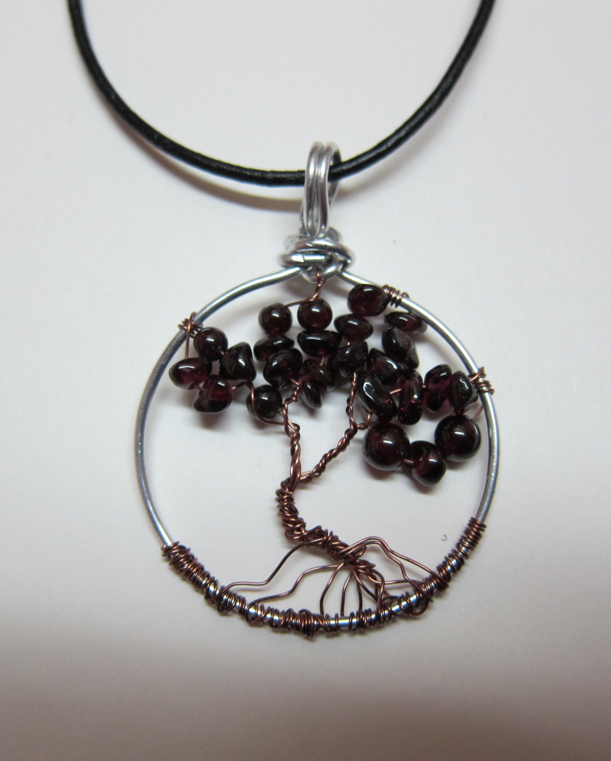 Tree of Life, Garnet nuggets Pendant silver wire antique copper January Birthstone handmade