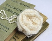 Handmade knit Rose Brooch embellished with 6 water pearls wool blend in ivory