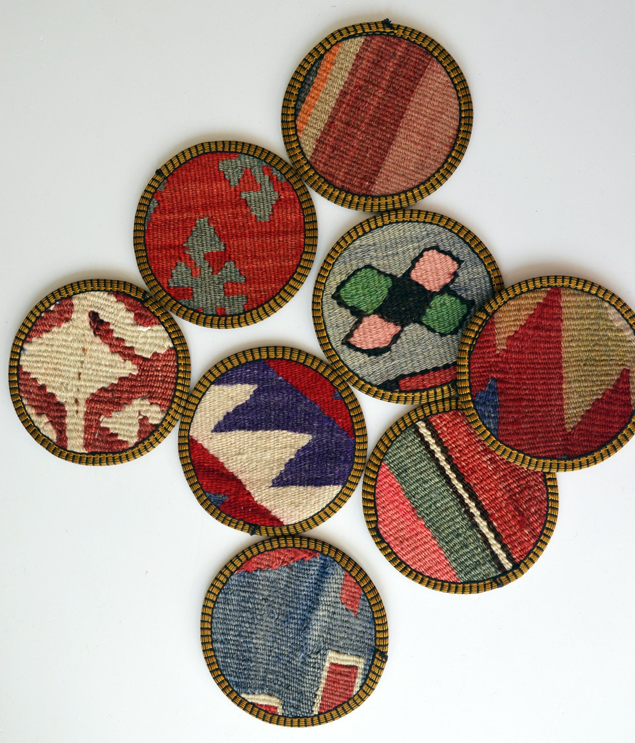 Sukan / Hand Woven - Turkish Antique Kilim Cups Coasters - 8 pcs