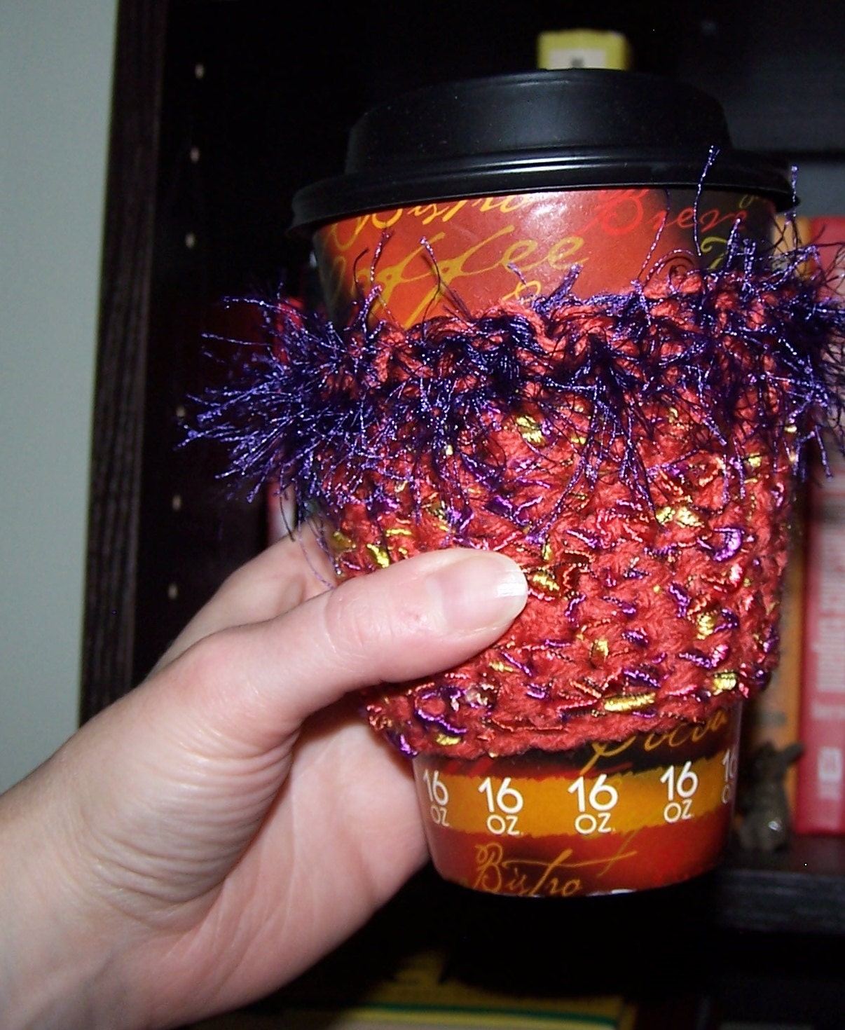 Crochet Coffee Cup Cozy in Coral, OOAK Coffee Cup Sleeve, Teacher's Gift or Stocking Stuffer for the Coffee Lover
