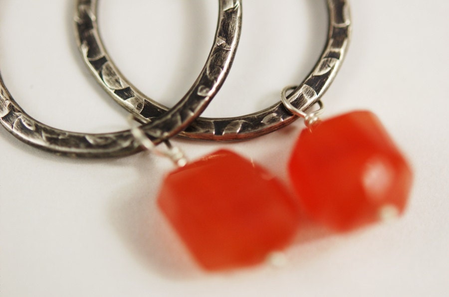 Oxidized Sterling Silver Hoops with Faceted Orange Carnelian - statement - oxidized silver earrings - organic earrings