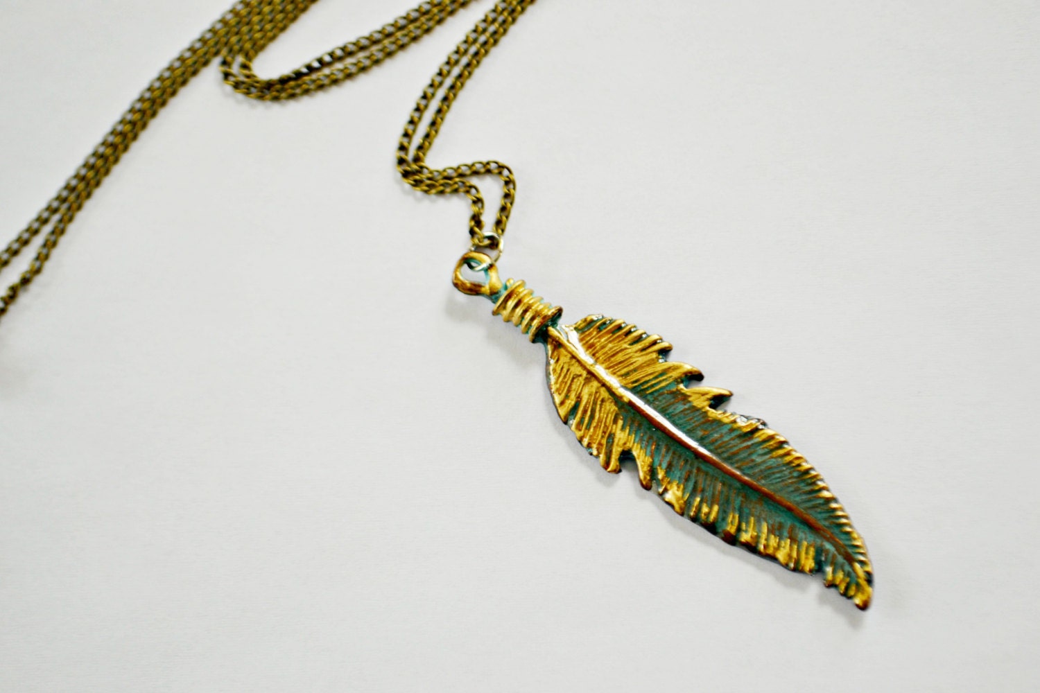 The Mighty Feather, long Native American, Metal,Resin,Turquoise,Gold Leaf,Modern Art,Necklace,Jewelry,Pendant