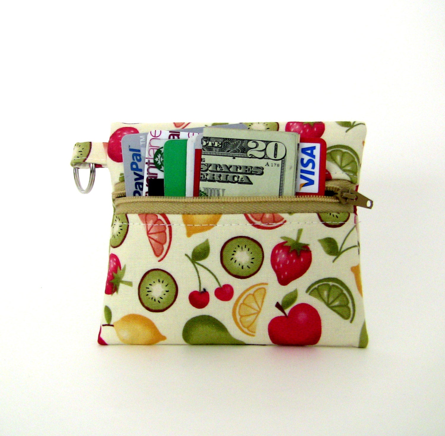 Coin Purse, Change Purse, Business Card Holder, Key Chain - Tossed Fruits on Cream Fabric