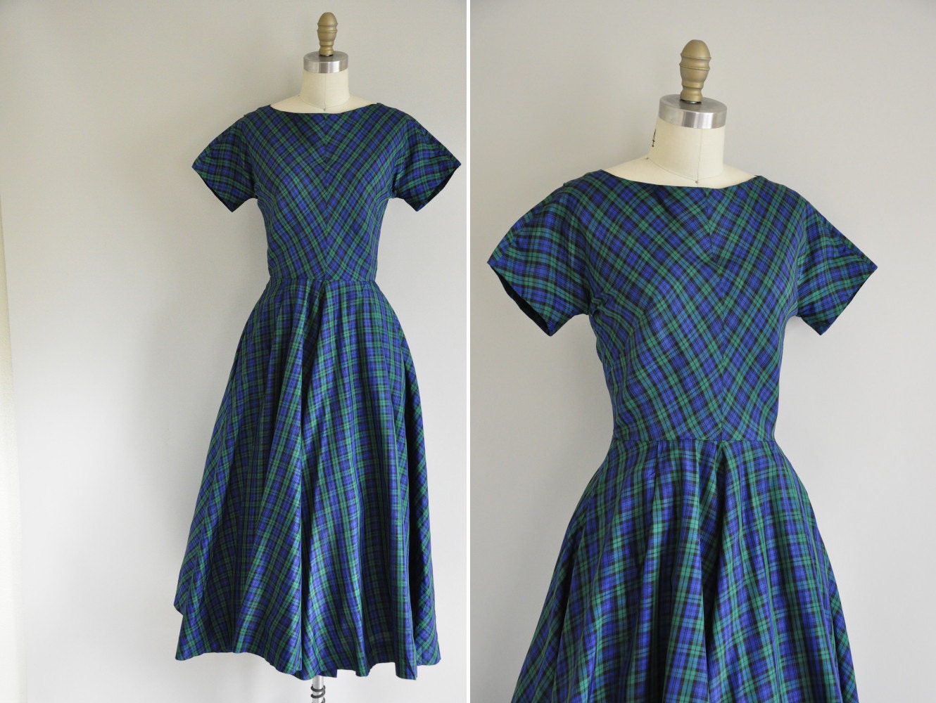 s a l e... vintage 1950s dress / 50s blue and green plaid dress / 1950s full sweeping skirt dress