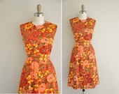 vintage 1950s dress / 50s tangerine red floral dress / 1950s Flower Garden Dress