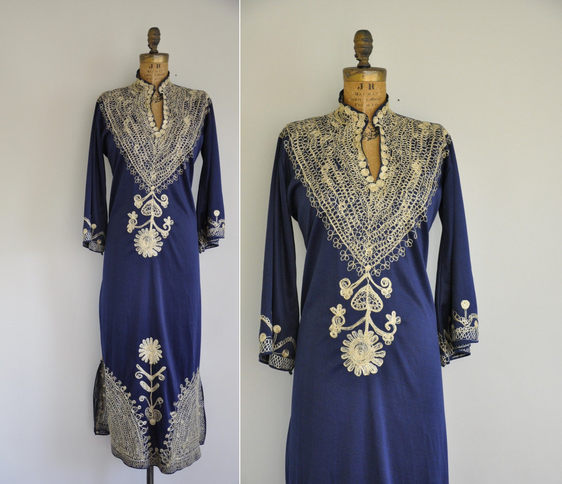 vintage 1970s dress / rare bohemian gold embroidered dress / 70s long dress