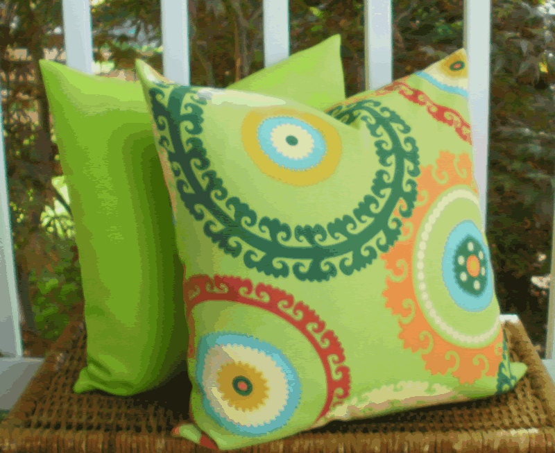 Decorative Outdoor Pillow: Designer Lime Green Suzani Outdoor 18 X 18 Accent Throw Toss Pillow Cover
