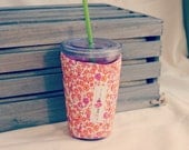 Iced Coffee Cozy - READY TO SHIP - Tiny Pink and Orange Flowers with Pink Dot Lining