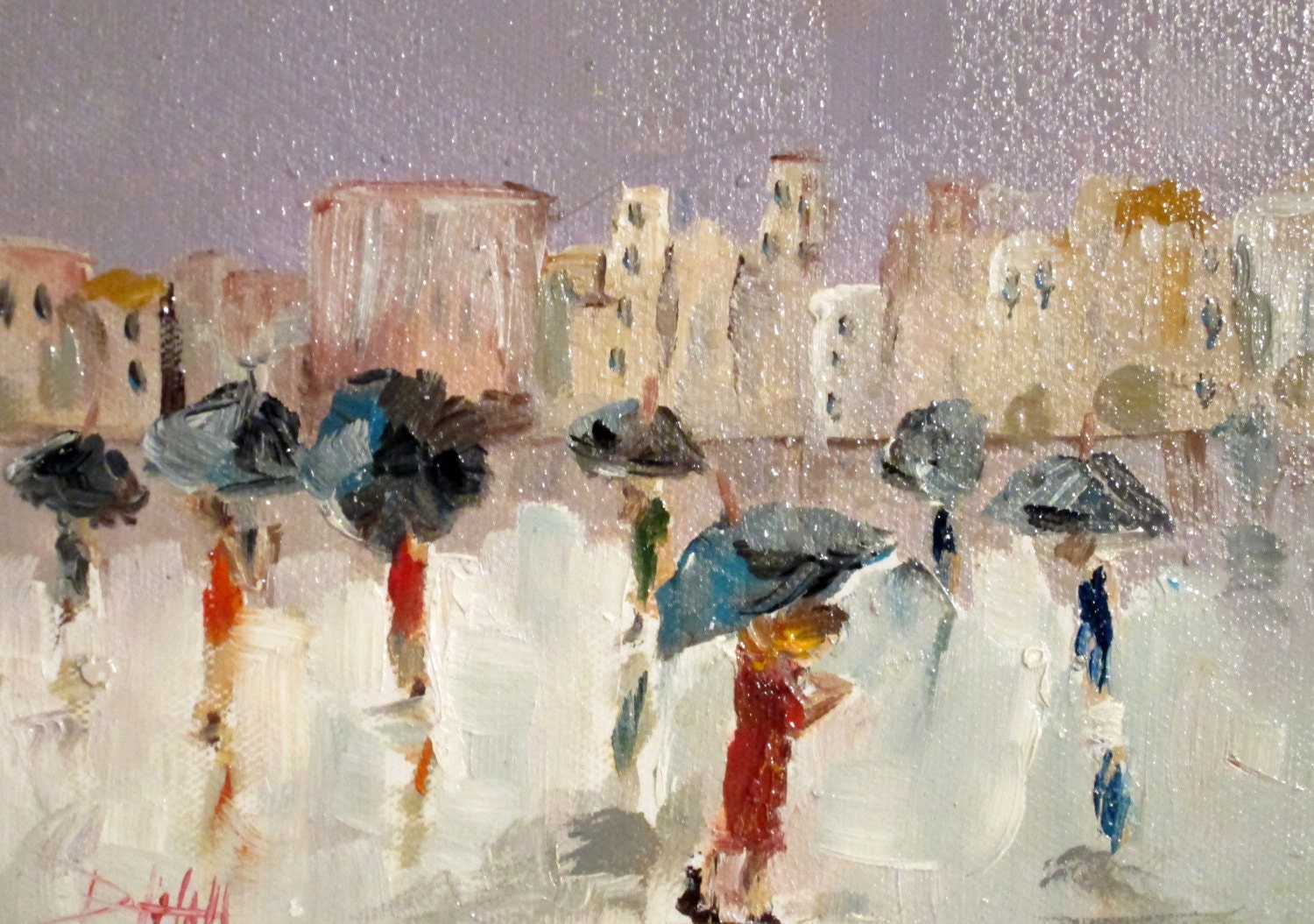 City Rain original  figurative oil painting with umbrellas