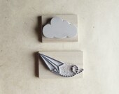 NEW Paper Plane and Cloud Rubber Stamp Set Air Mail Hand Carved