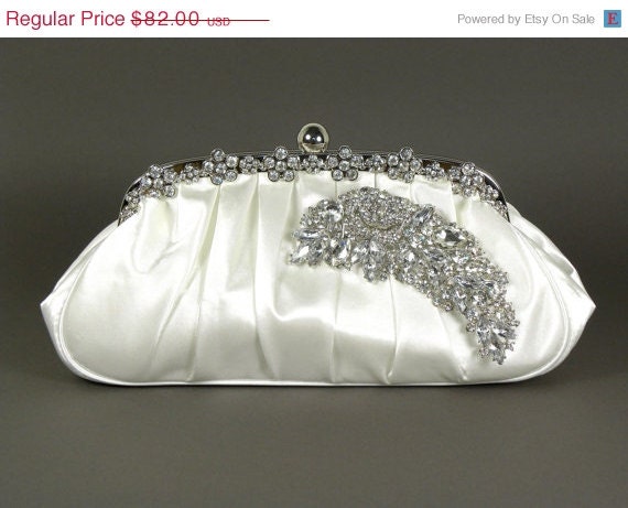 ON SALE White Satin Wedding Bridal Clutch Vintage Style with Crystal Bridal Bouquet Brooch - Also Available in Ivory and Taupe