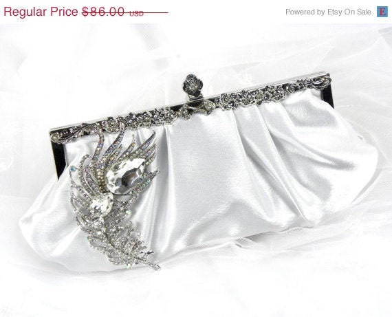 Reserved for Linda - ON SALE Satin Bridal Clutch with Crystal Peacock Brooch, Wedding Clutch, Wedding Purse