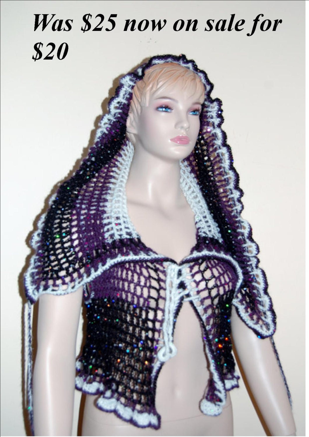 Hoodie, Big Collar Little Vest, Big Vest Little Collar - Black, Purple and White with light sequins throughout to add sparkle