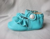 Baby Shoes Ruffled MaryJane Soft Sole Shoe in Turquoise Blue Leather Ready to Ship Size 1