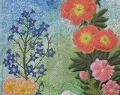 Contemporary art quilt modern Reduced stylized flowers are appliqued  blue larkspur,coral pink peonies .