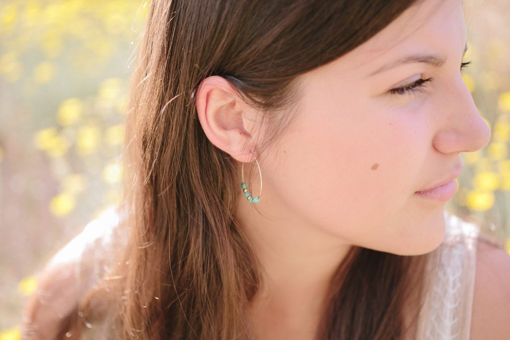 Turquoise Hoop Earrings - gold filled and turquoise faceted glass beaded circle round bohemian - simple everyday jewelry - adenandclaire
