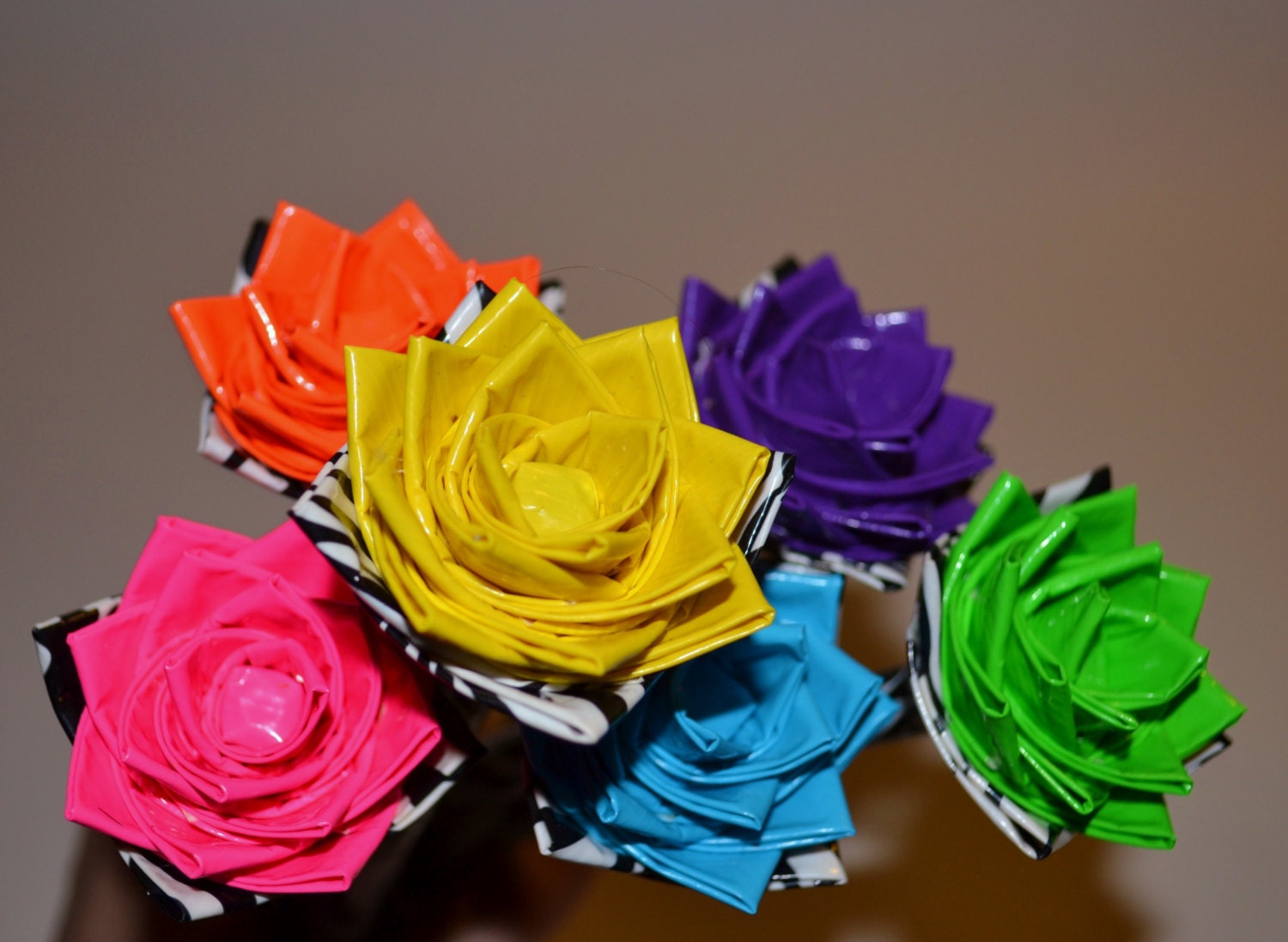 Duct Tape Flower Pens, Set of Six Zebra with Assorted Colors, Pink Orange Blue Green Yellow Purple