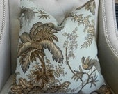 Decorative Designer Pillow Cover - 20"X20" - Schumacher  Coconut Grove in Aqua & Tan - Pattern on the front
