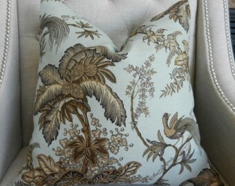 Decorative Designer Pillow Cover - 20"X20" - Schumacher  Coconut Grove in Aqua & Tan - Pattern on the front