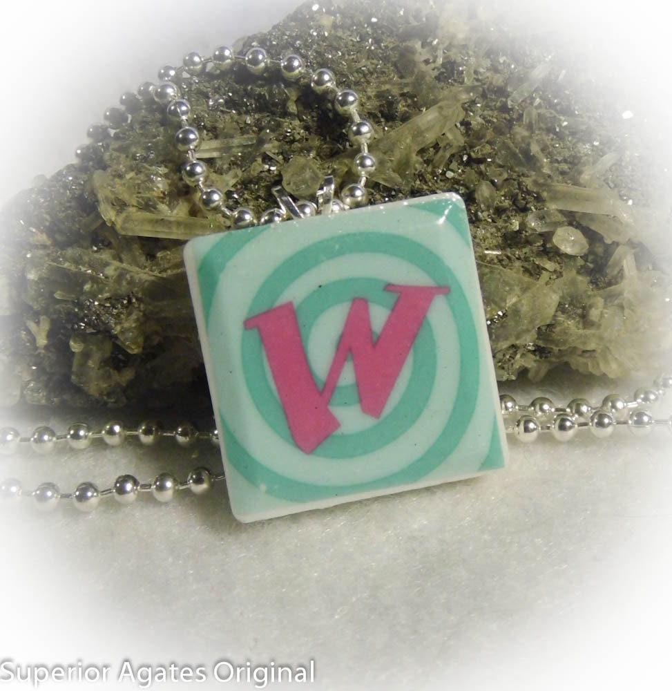Letter W  Ceramic Tile Recycled Upcycled Necklace