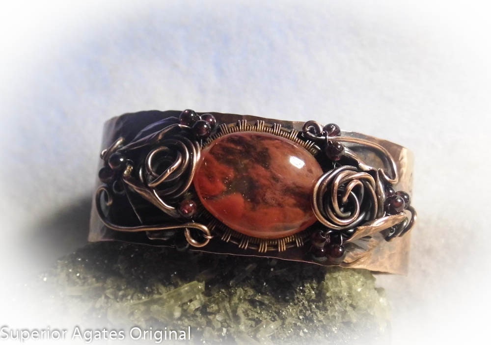 Pink Strawberry Quartz Copper Rose Leaf Hammered Cuff Bracelet Size 6
