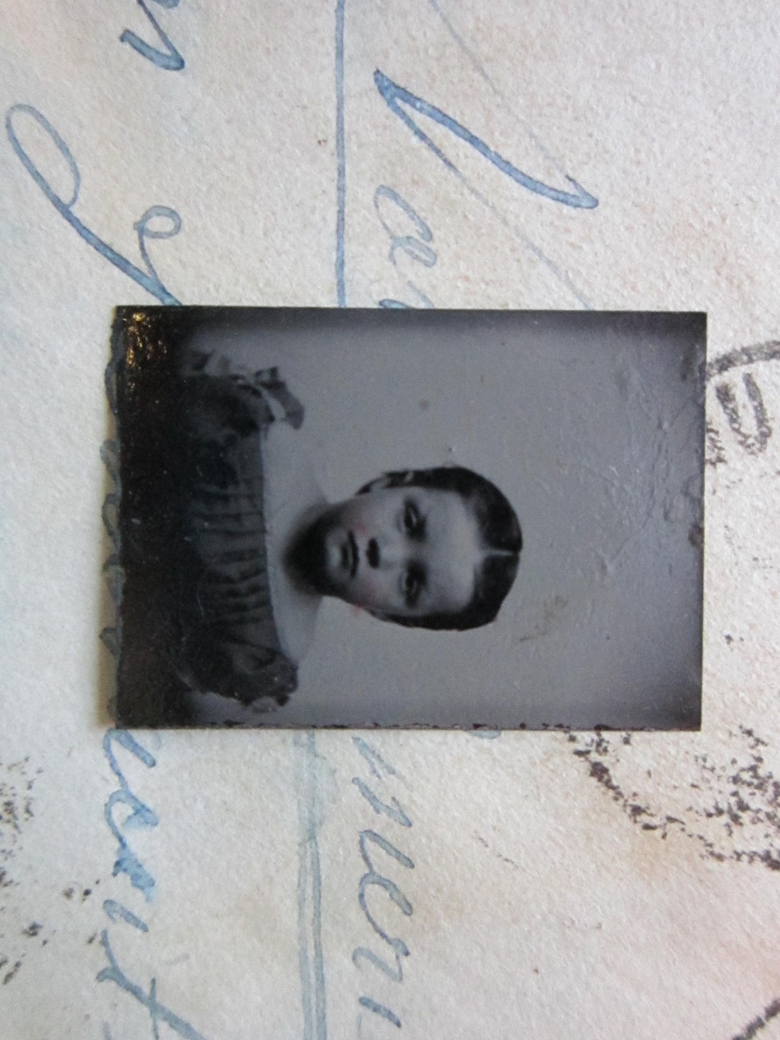 miniature GEM tintype photo - precious little GIRL - GTE03