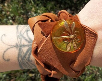 Whiskey Deer braided wrap bracelet with Amber colored Czech Glass Button clasp