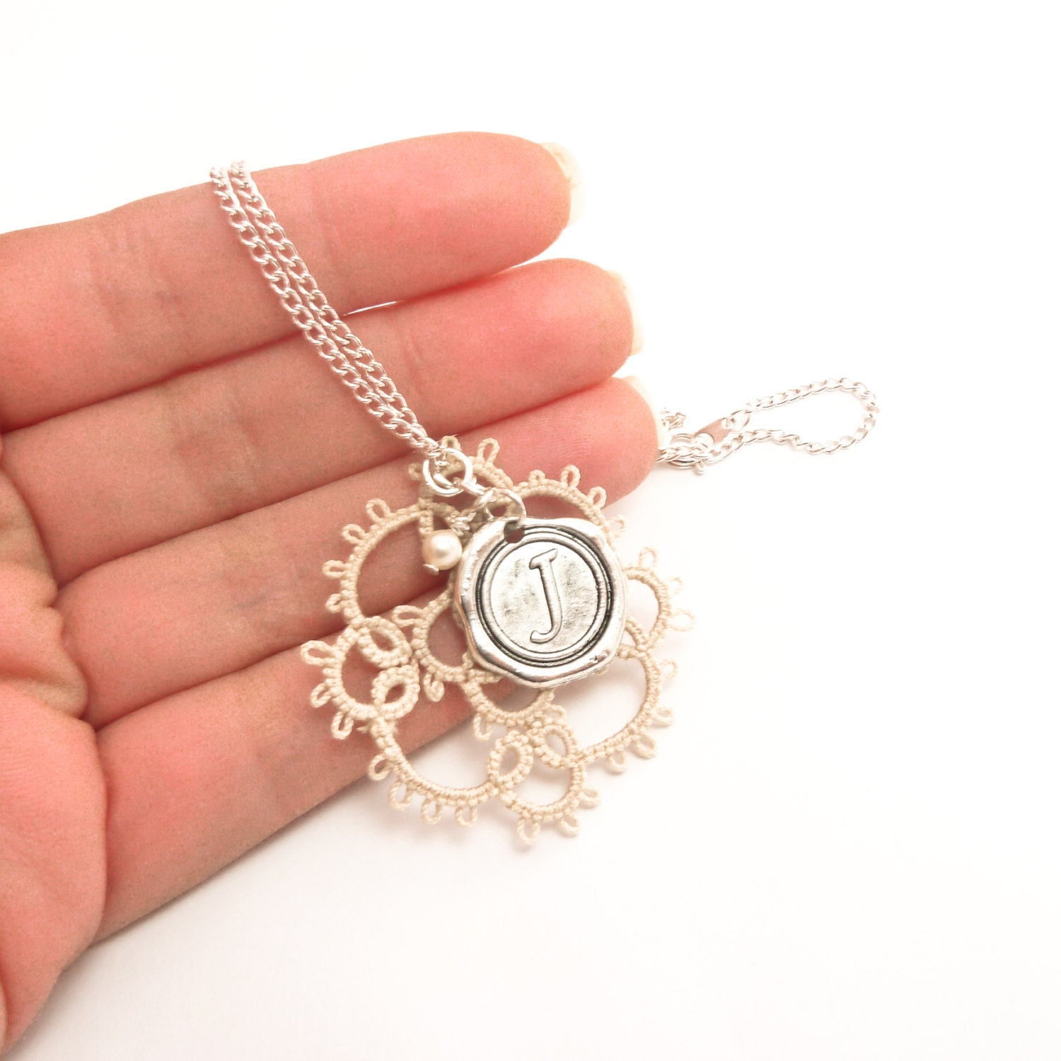 Personalized necklace pendant wax seal initial monogram letter - handmade lace jewelry retro rustic gift for bridesmaid wedding - beige