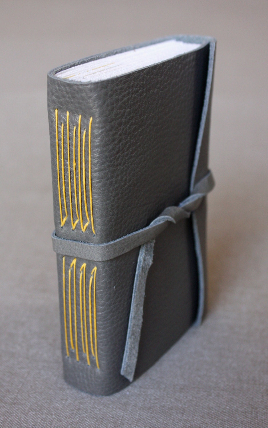 Handmade journal: gray leather, yellow stitching