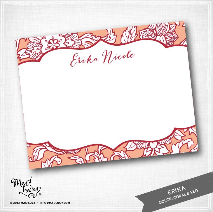 ERIKA - personalized flat notecard set / FLORAL / 10 notecards & 10 envelopes